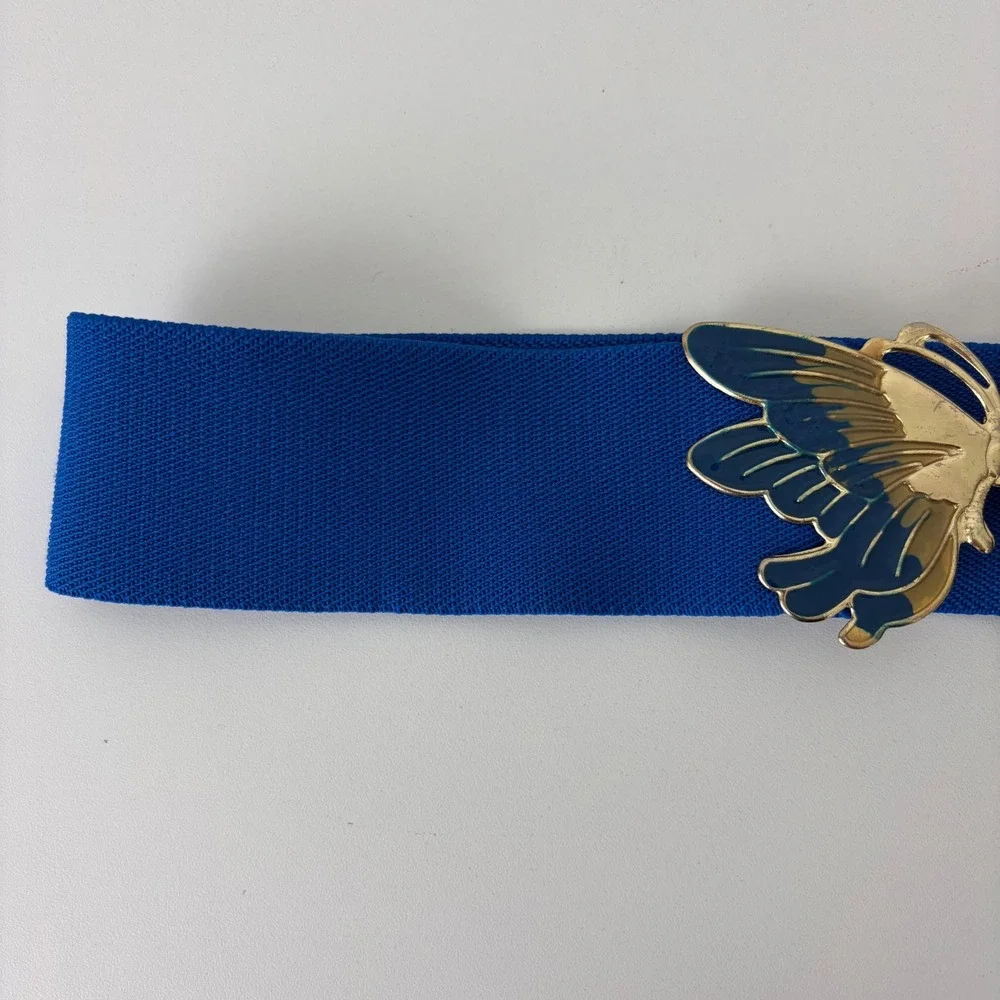 Vintage Royal Blue Elastic Cinch‎ Belt Gold Butterfly Enamel Buckle Fairycore